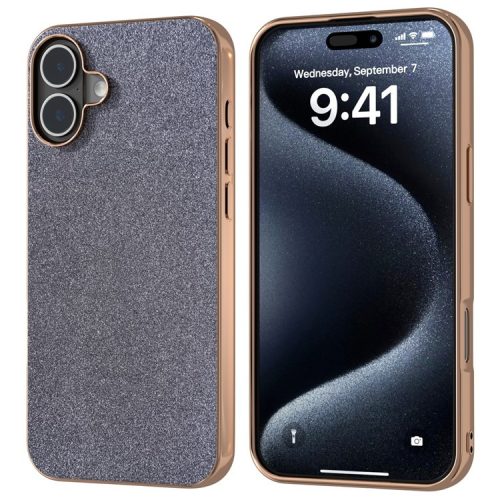 For iPhone 16 Case Electroplating Phone Cover Glitter Surface Design PU+TPU Protective Case - Black