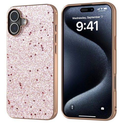 For iPhone 16 Case Electroplating Phone Cover Glitter Surface Design PU+TPU Protective Case - Pink