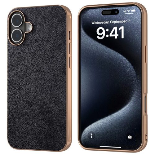 For iPhone 16 Case Electroplating Phone Cover PU Leather+TPU Litchi Texture Case - Black