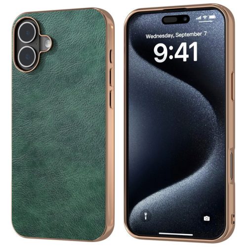 For iPhone 16 Case Electroplating Phone Cover PU Leather+TPU Litchi Texture Case - Green