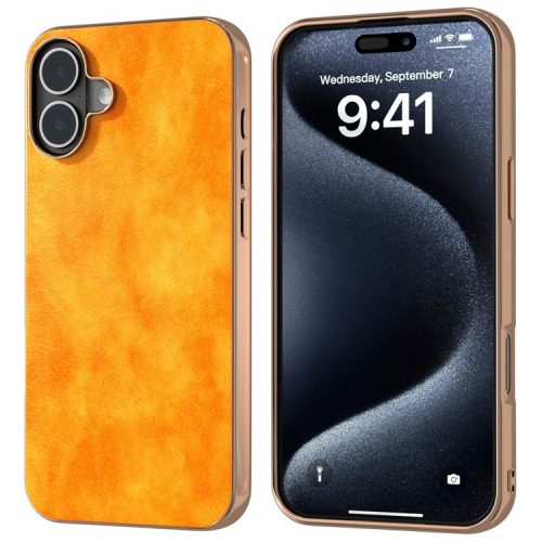 For iPhone 16 Case Electroplating Phone Cover PU Leather+TPU Litchi Texture Case - Orange