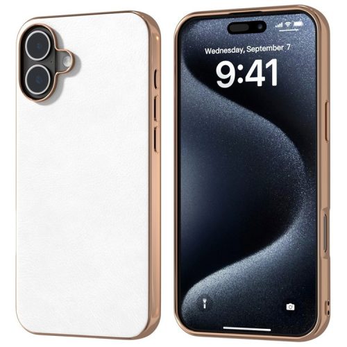 For iPhone 16 Case Electroplating Phone Cover PU Leather+TPU Litchi Texture Case - White