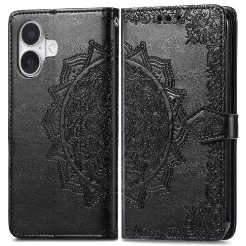 For iPhone 16 Case Embossed Mandala Pattern Leather Phone Cover Wallet Card Slot Holder - Black