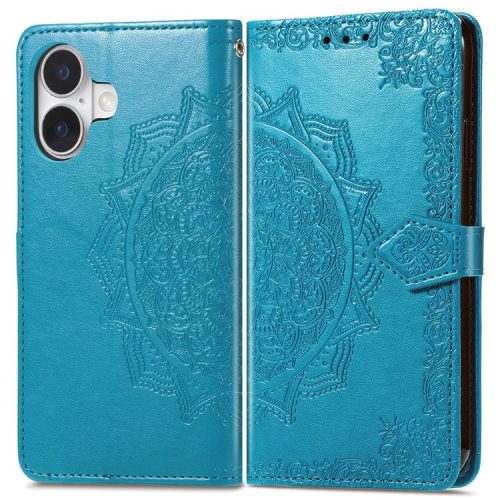 For iPhone 16 Case Embossed Mandala Pattern Leather Phone Cover Wallet Card Slot Holder - Blue