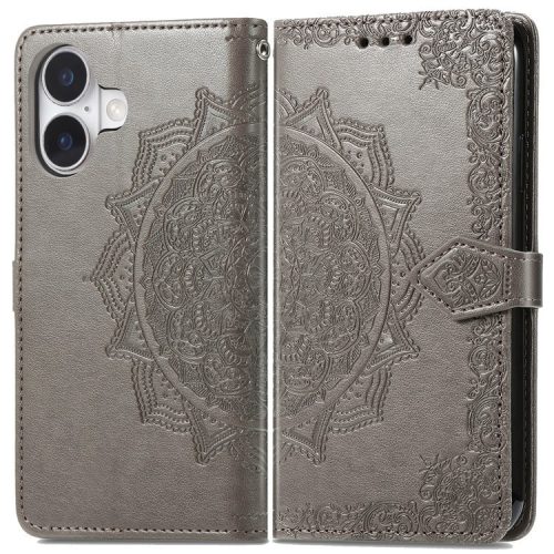 For iPhone 16 Case Embossed Mandala Pattern Leather Phone Cover Wallet Card Slot Holder - Grey