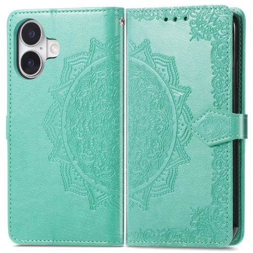 For iPhone 16 Case Embossed Mandala Pattern Leather Phone Cover Wallet Card Slot Holder - Mint Green