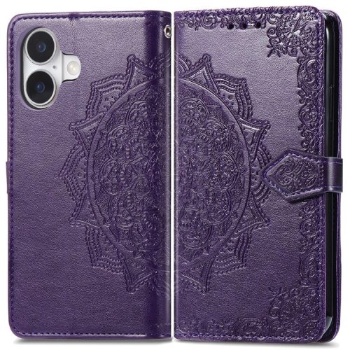 For iPhone 16 Case Embossed Mandala Pattern Leather Phone Cover Wallet Card Slot Holder - Purple