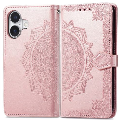 For iPhone 16 Case Embossed Mandala Pattern Leather Phone Cover Wallet Card Slot Holder - Rose Gold