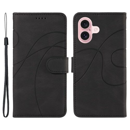 For iPhone 16 Case Flip PU Leather Phone Cover with Curved Line - Black