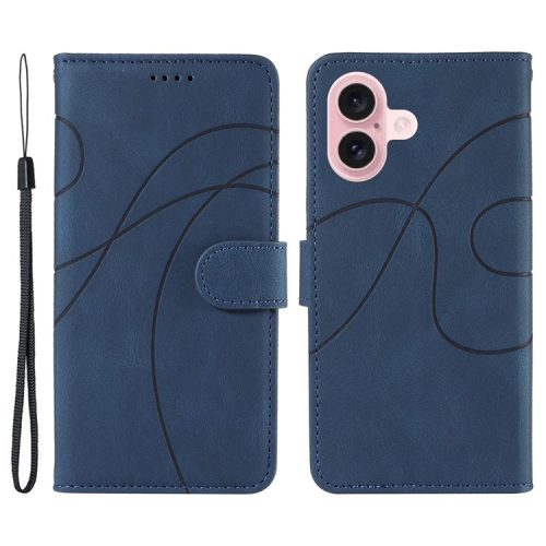 For iPhone 16 Case Flip PU Leather Phone Cover with Curved Line - Blue