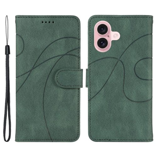 For iPhone 16 Case Flip PU Leather Phone Cover with Curved Line - Green