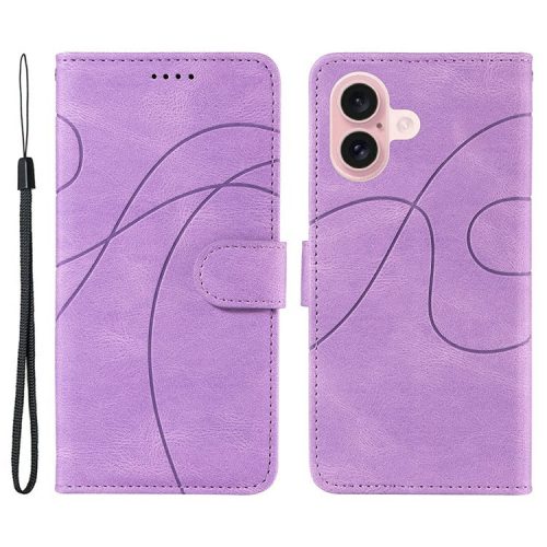 For iPhone 16 Case Flip PU Leather Phone Cover with Curved Line - Light Purple