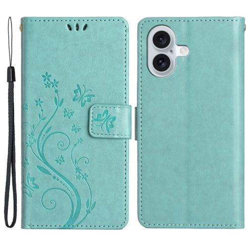 For iPhone 16 Case Flip Shockproof Butterfly Floral Leather Phone Cover - Baby Blue