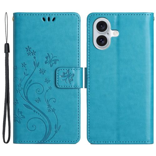 For iPhone 16 Case Flip Shockproof Butterfly Floral Leather Phone Cover - Blue