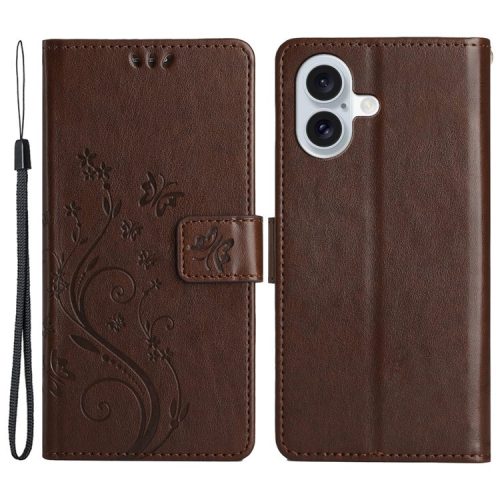 For iPhone 16 Case Flip Shockproof Butterfly Floral Leather Phone Cover - Brown