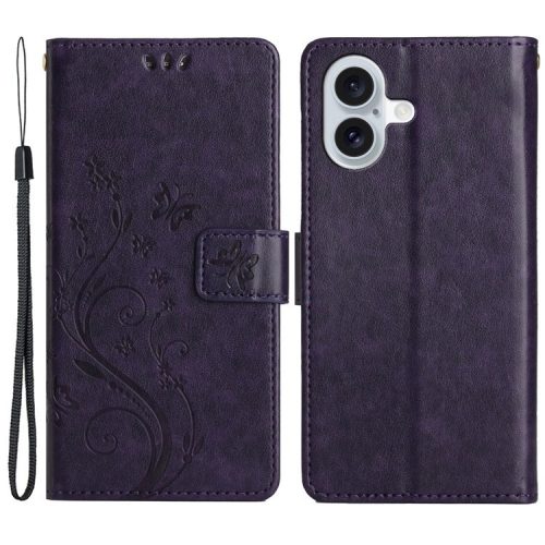 For iPhone 16 Case Flip Shockproof Butterfly Floral Leather Phone Cover - Dark Purple