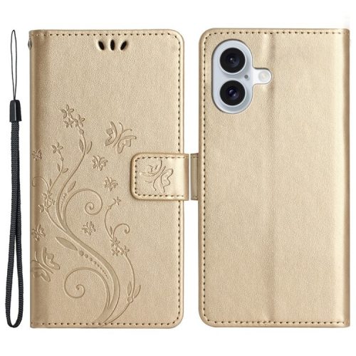 For iPhone 16 Case Flip Shockproof Butterfly Floral Leather Phone Cover - Gold