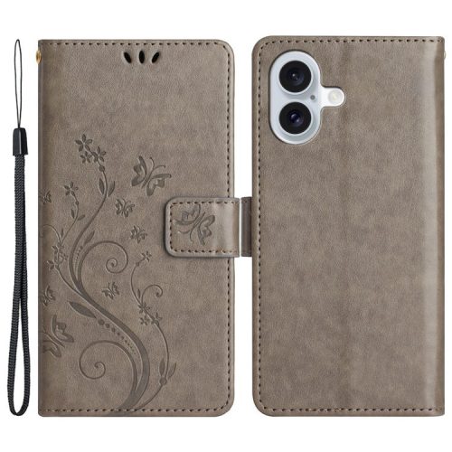 For iPhone 16 Case Flip Shockproof Butterfly Floral Leather Phone Cover - Grey