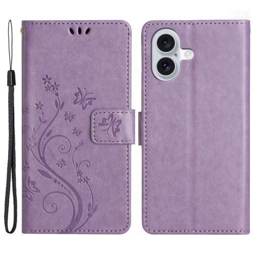 For iPhone 16 Case Flip Shockproof Butterfly Floral Leather Phone Cover - Light Purple