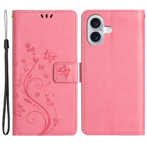 For iPhone 16 Case Flip Shockproof Butterfly Floral Leather Phone Cover - Pink