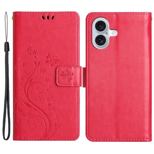 For iPhone 16 Case Flip Shockproof Butterfly Floral Leather Phone Cover - Red