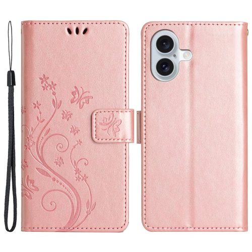 For iPhone 16 Case Flip Shockproof Butterfly Floral Leather Phone Cover - Rose Gold