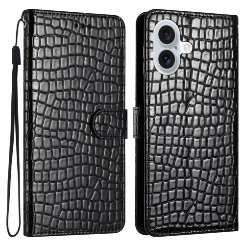 For iPhone 16 Case Flip Stand Leather Crocodile Texture Phone Cover - Black