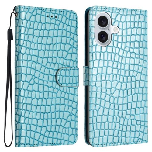 For iPhone 16 Case Flip Stand Leather Crocodile Texture Phone Cover - Blue