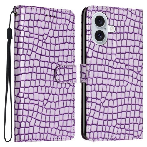 For iPhone 16 Case Flip Stand Leather Crocodile Texture Phone Cover - Purple