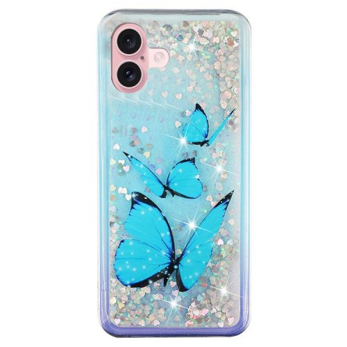 For iPhone 16 Case Floating Quicksand Pattern Soft TPU Back Cover - Blue Butterfly