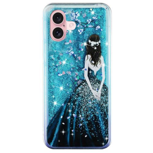 For iPhone 16 Case Floating Quicksand Pattern Soft TPU Back Cover - Blue Girl