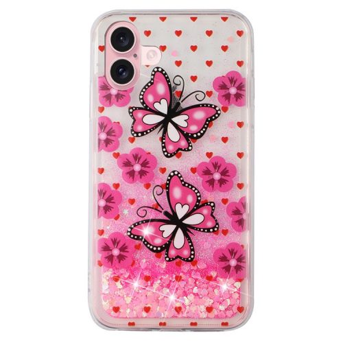 For iPhone 16 Case Floating Quicksand Pattern Soft TPU Back Cover - Red Butterflies