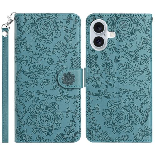 For iPhone 16 Case Flower Imprint Leather Flip Wallet Phone Cover with Wrist Strap - Blackish Green