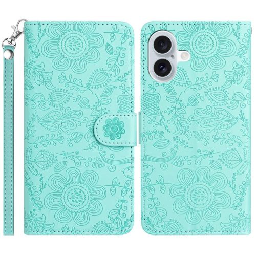 For iPhone 16 Case Flower Imprint Leather Flip Wallet Phone Cover with Wrist Strap - Light Green