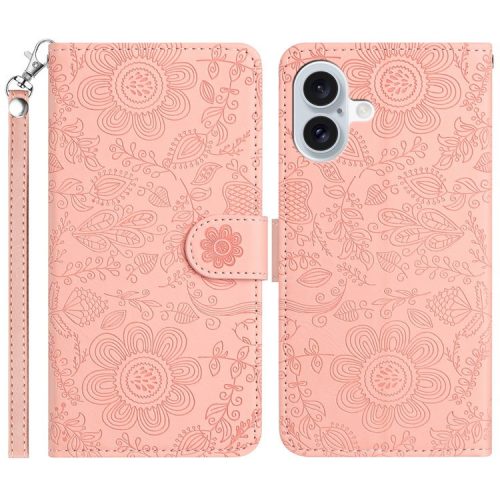 For iPhone 16 Case Flower Imprint Leather Flip Wallet Phone Cover with Wrist Strap - Pink