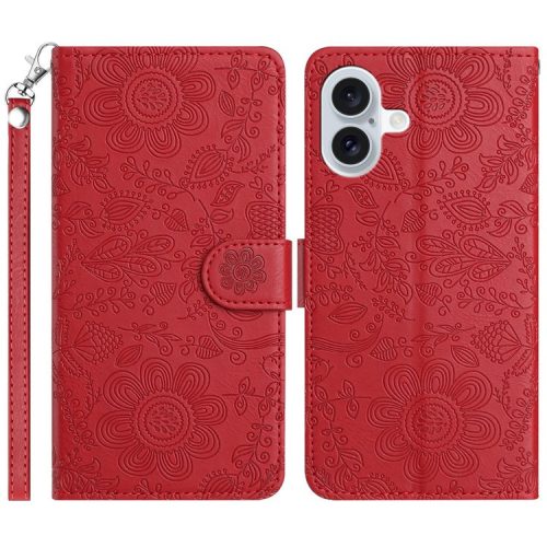 For iPhone 16 Case Flower Imprint Leather Flip Wallet Phone Cover with Wrist Strap - Red