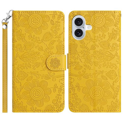 For iPhone 16 Case Flower Imprint Leather Flip Wallet Phone Cover with Wrist Strap - Yellow