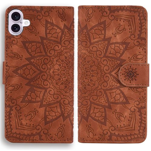 For iPhone 16 Case Flower Imprinted PU Leather Wallet Phone Cover - Brown