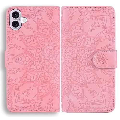 For iPhone 16 Case Flower Imprinted PU Leather Wallet Phone Cover - Pink