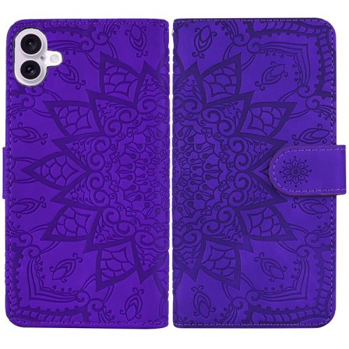 For iPhone 16 Case Flower Imprinted PU Leather Wallet Phone Cover - Purple