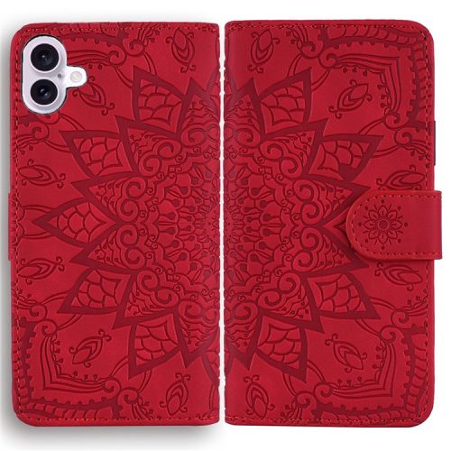 For iPhone 16 Case Flower Imprinted PU Leather Wallet Phone Cover - Red