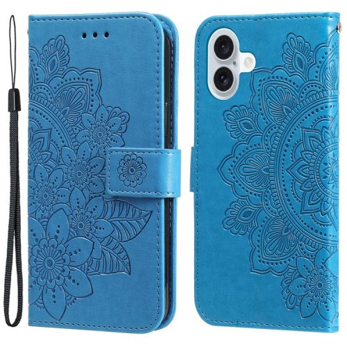 For iPhone 16 Case Flower Imprinted PU Leather Wallet Shockproof Phone Cover - Blue