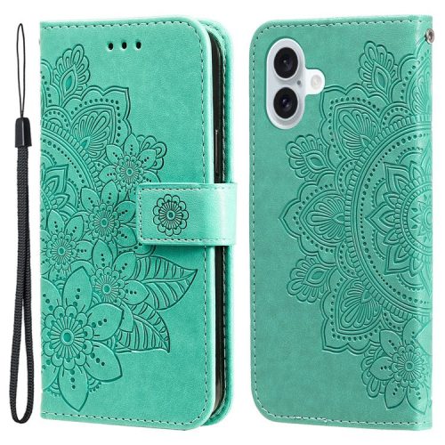 For iPhone 16 Case Flower Imprinted PU Leather Wallet Shockproof Phone Cover - Green