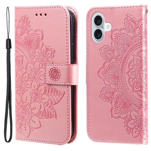 For iPhone 16 Case Flower Imprinted PU Leather Wallet Shockproof Phone Cover - Pink