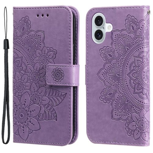 For iPhone 16 Case Flower Imprinted PU Leather Wallet Shockproof Phone Cover - Purple