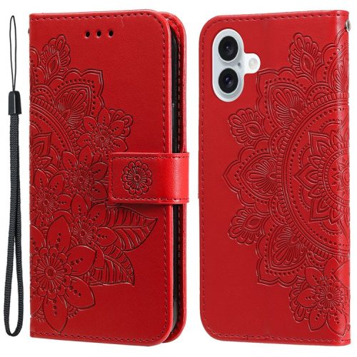 For iPhone 16 Case Flower Imprinted PU Leather Wallet Shockproof Phone Cover - Red