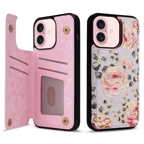 For iPhone 16 Case Flower Leather+TPU Phone Cover RFID Blocking Card Slots - Rose