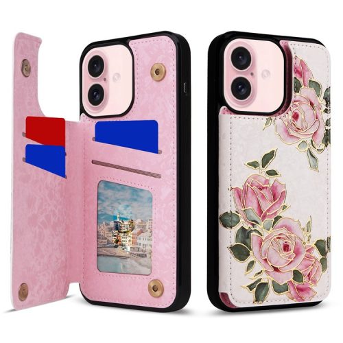 For iPhone 16 Case Flower Leather+TPU Phone Cover RFID Blocking Card Slots - Rose Flower