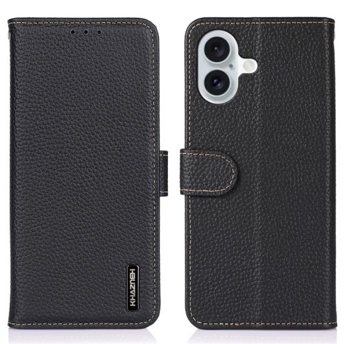 KHAZNEH For iPhone 16 Case Genuine Cow Leather Phone Cover Litchi Texture - Black