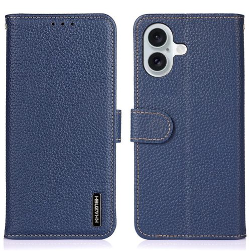 KHAZNEH For iPhone 16 Case Genuine Cow Leather Phone Cover Litchi Texture - Blue